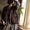 Johnature Vintage Women Coats V-Neck Sleeveless Print Floral Button Patchwork Pockets Autumn Coats