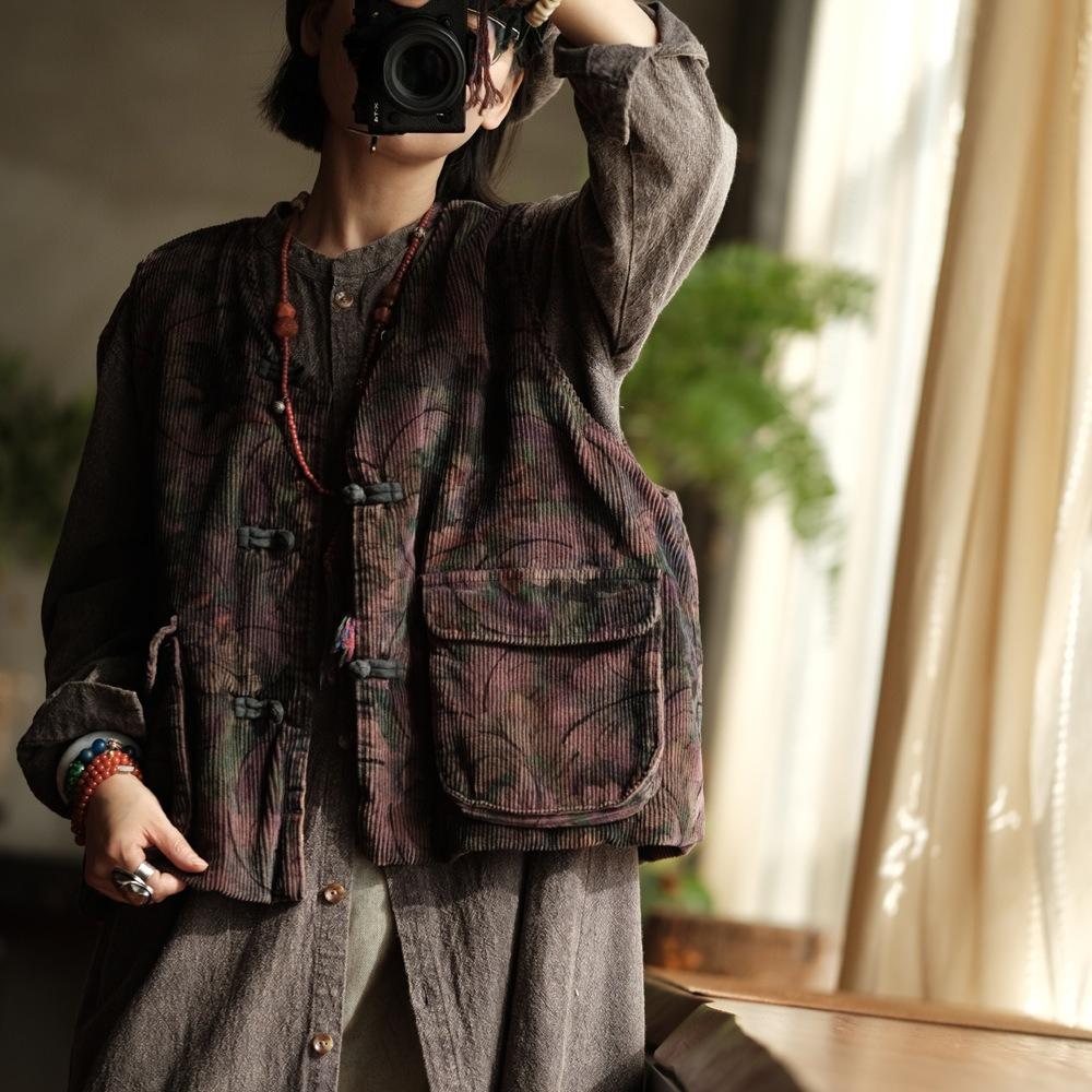 Johnature Vintage Women Coats V-Neck Sleeveless Print Floral Button Patchwork Pockets Autumn Coats