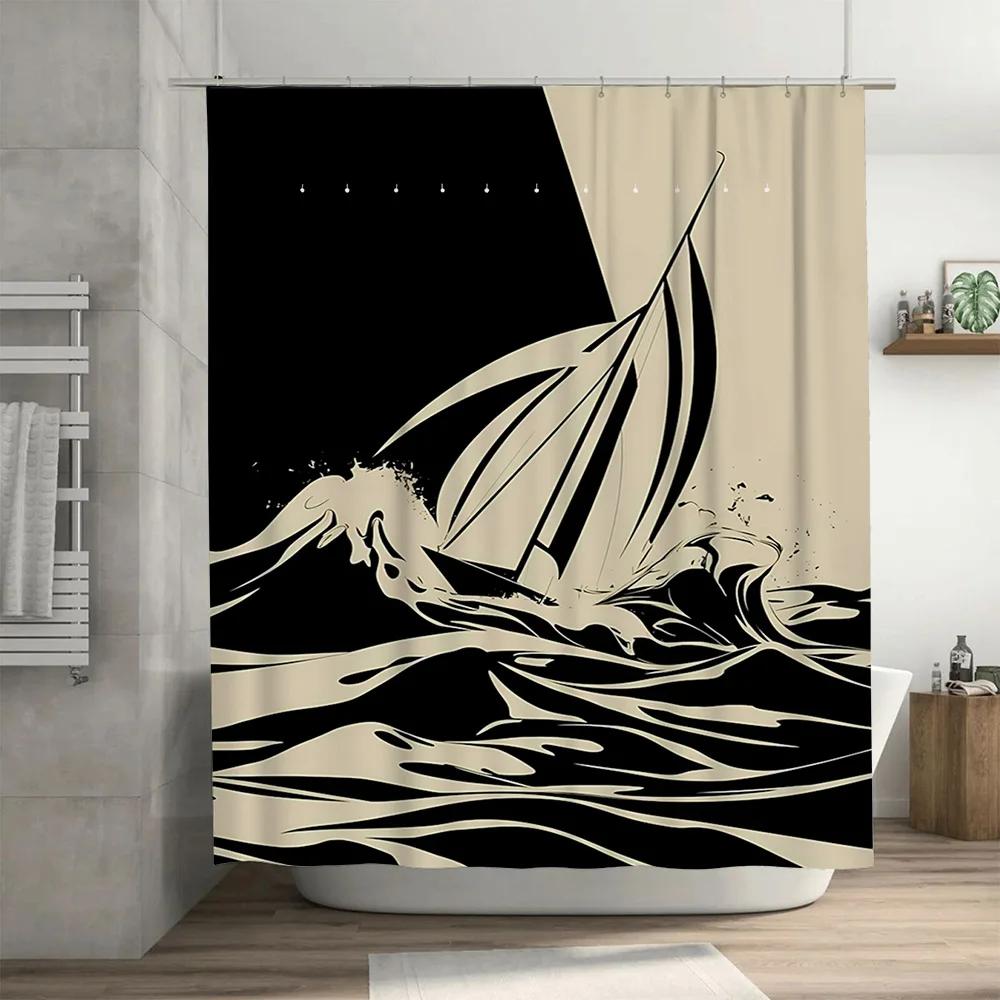 Modern Bathroom DecorCool Black White Sailboat Shower Curtain Set for Home Bath Remodeling Waterproof Fabric with Hooks