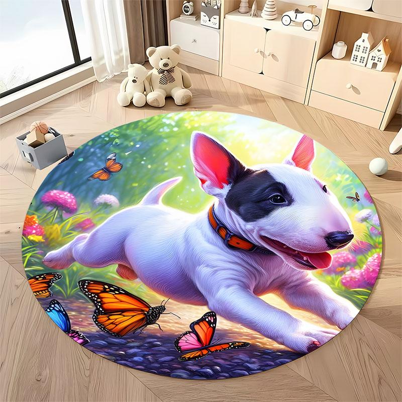 Free shipping! Playful Puppy and Butterfly Garden Round Rug round carpet for home sofa bedroom, gift