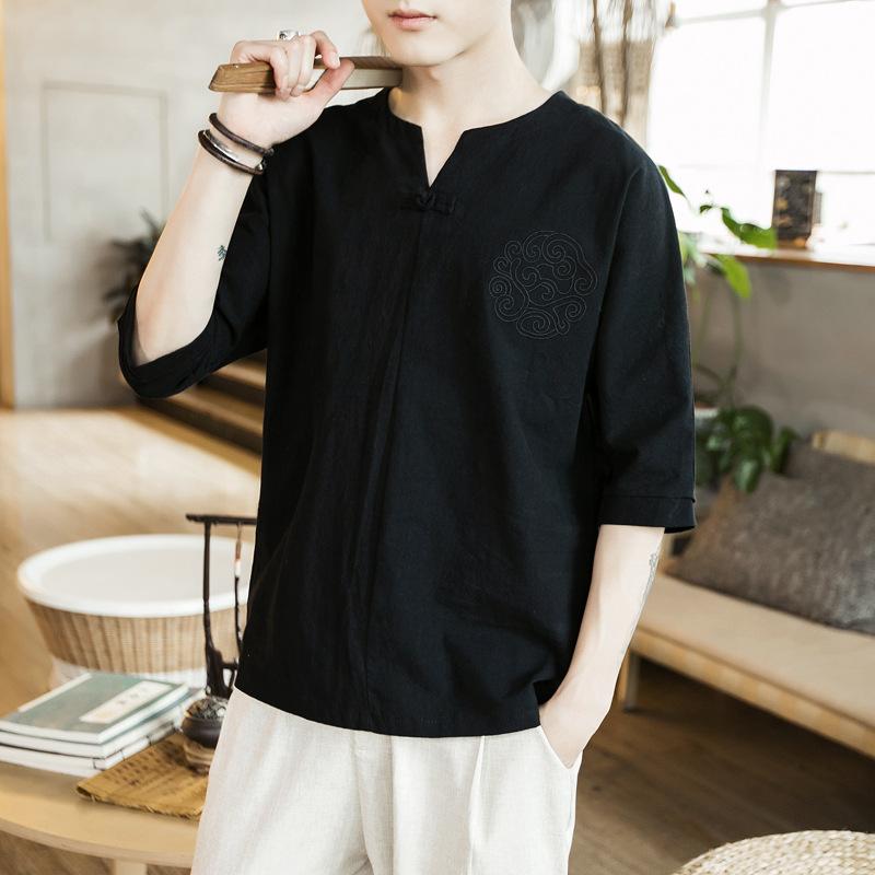 Футболка с короткими рукавами из хлопка и льна в китайском стиле мужская с короткими рукавами летняя в стиле ретро с пряжкой-диском свободная мужская XS чёрный 1697₽