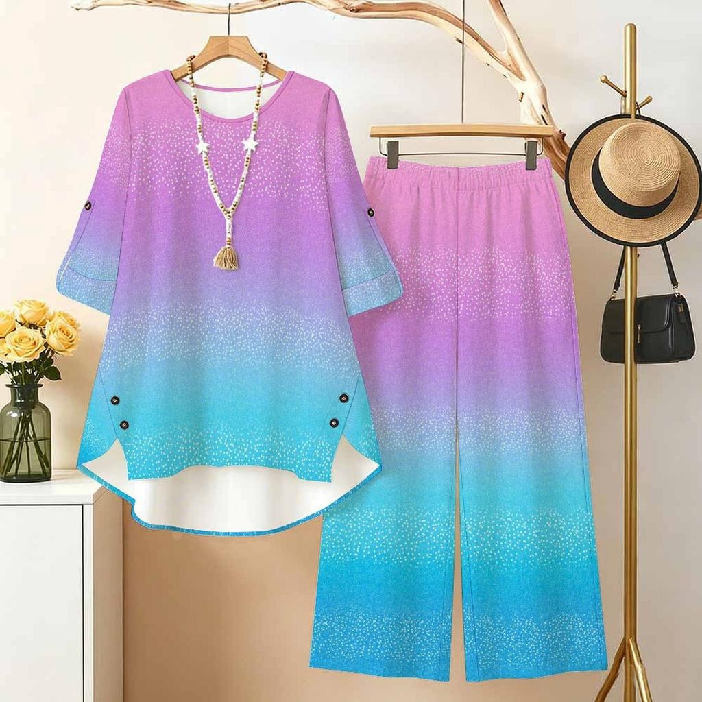 Women's 2‑Piece Outfit, Abstract Art 3/4 Sleeve Irregular Hem Top & Wide Leg Pants Set, Casual Loose Matching Suit