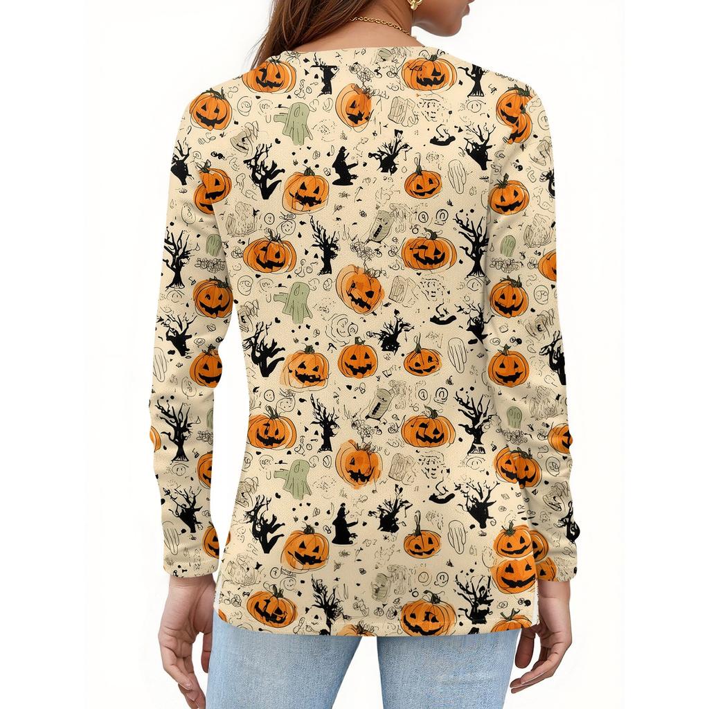 Haut T-shirt Décontracté Mode Femme Imprimé Halloween Col en V Bouton Bordure Manches Longues