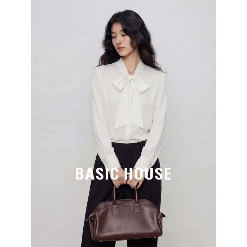Basic House Women s Designer White Bow-Tie Long-Sleeve Blouse S