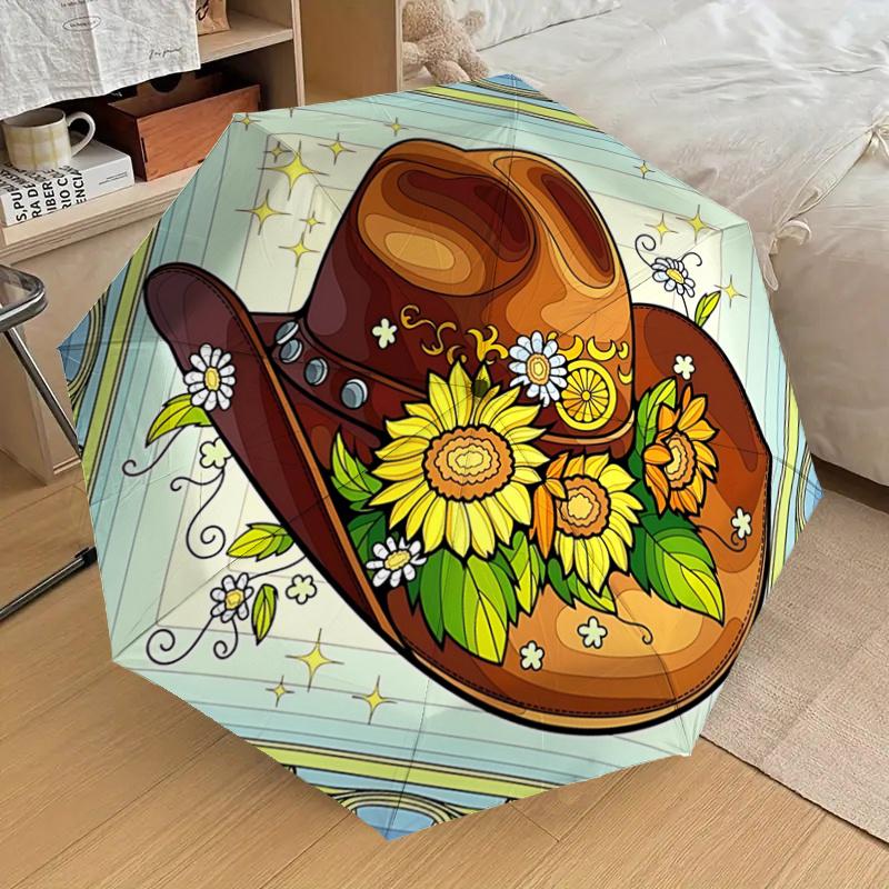 Western Cowboy Hat with Sunflowers and Daisies - Automatic Opening Umbrella, Portable Tri-Fold Design, 8-Bone Iron Frame, , Festival Gift Fo