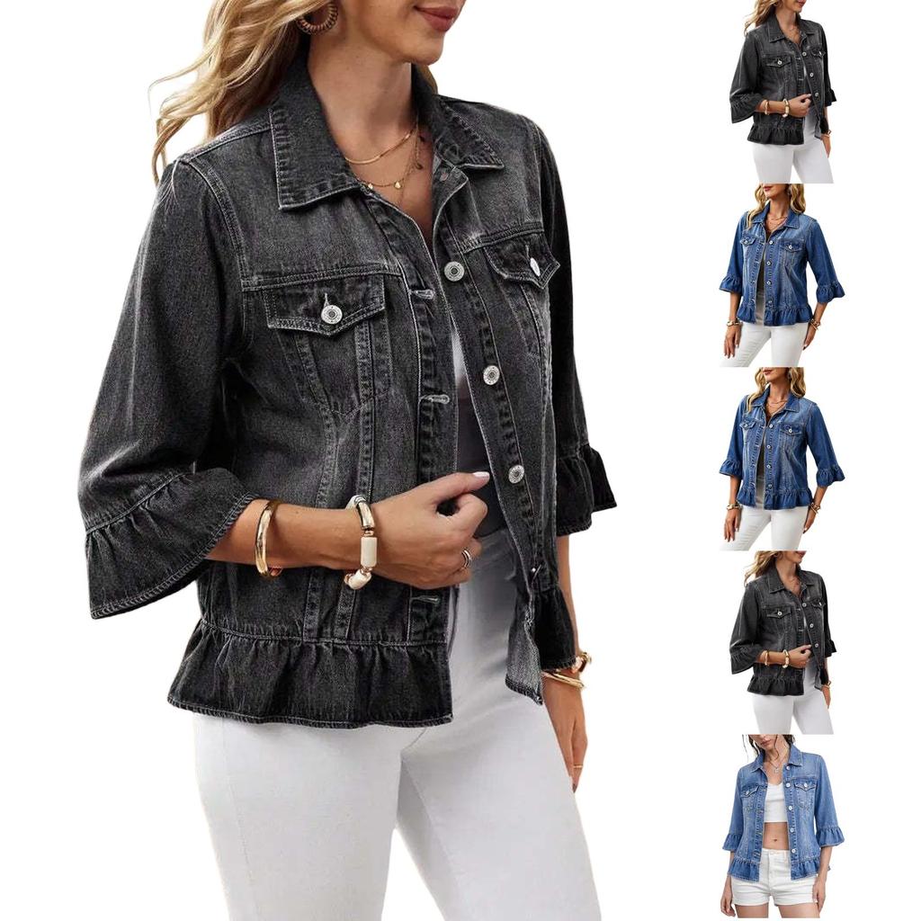 Women's Casual Denim Top with Three-Quarter Sleeves and Fit for Everyday Wear