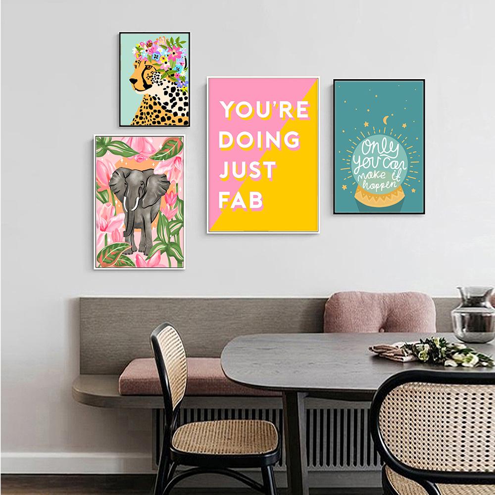 Floral Animal Print Pink Bedroom Hallway Poster Wall Decor Positive Quote Colourful Canavs Painting Kitchen Office Decor Picture