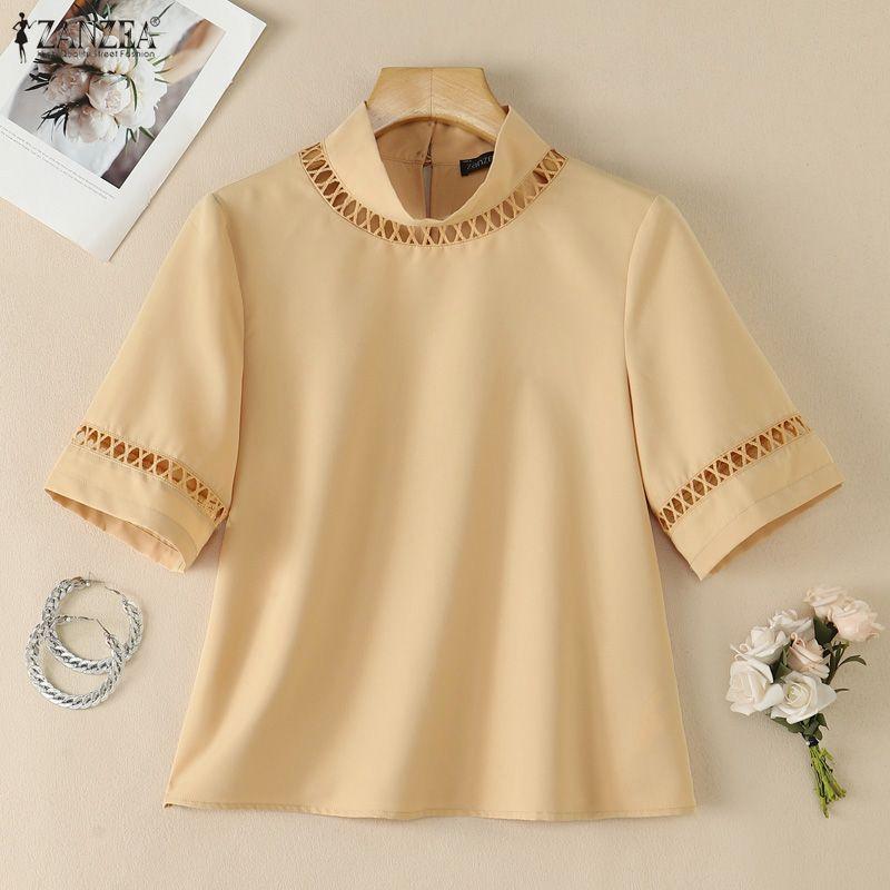 ZANZEA Women Summer Casual Mock Neck Loose Half Sleeve Blouse