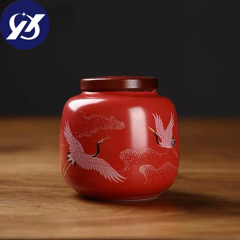 Přenosný ručně malovaný jeřábový čaj Caddy Keramický kanystr Utěsněná nádoba na kořenky Balící krabice