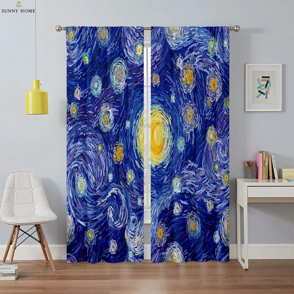 Floral Landscape Oil Painting Printed Curtains Machine Washable Rod Pocket Bedroom Living Room Kitchen Decorative Curtains 2PCS