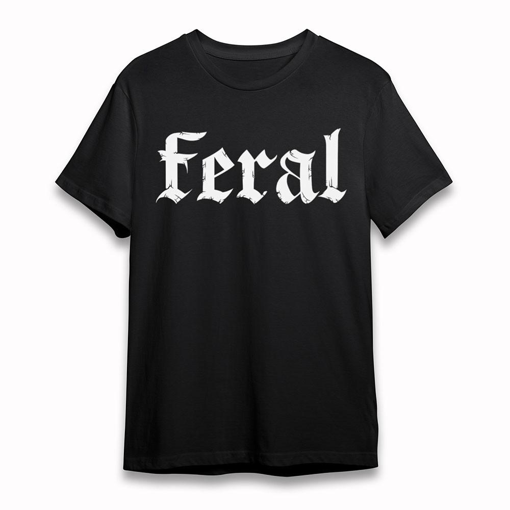 

Women s Soft T-Shirt Feral Text Gothic Lettering Tee Short Oversize Cotton Black M