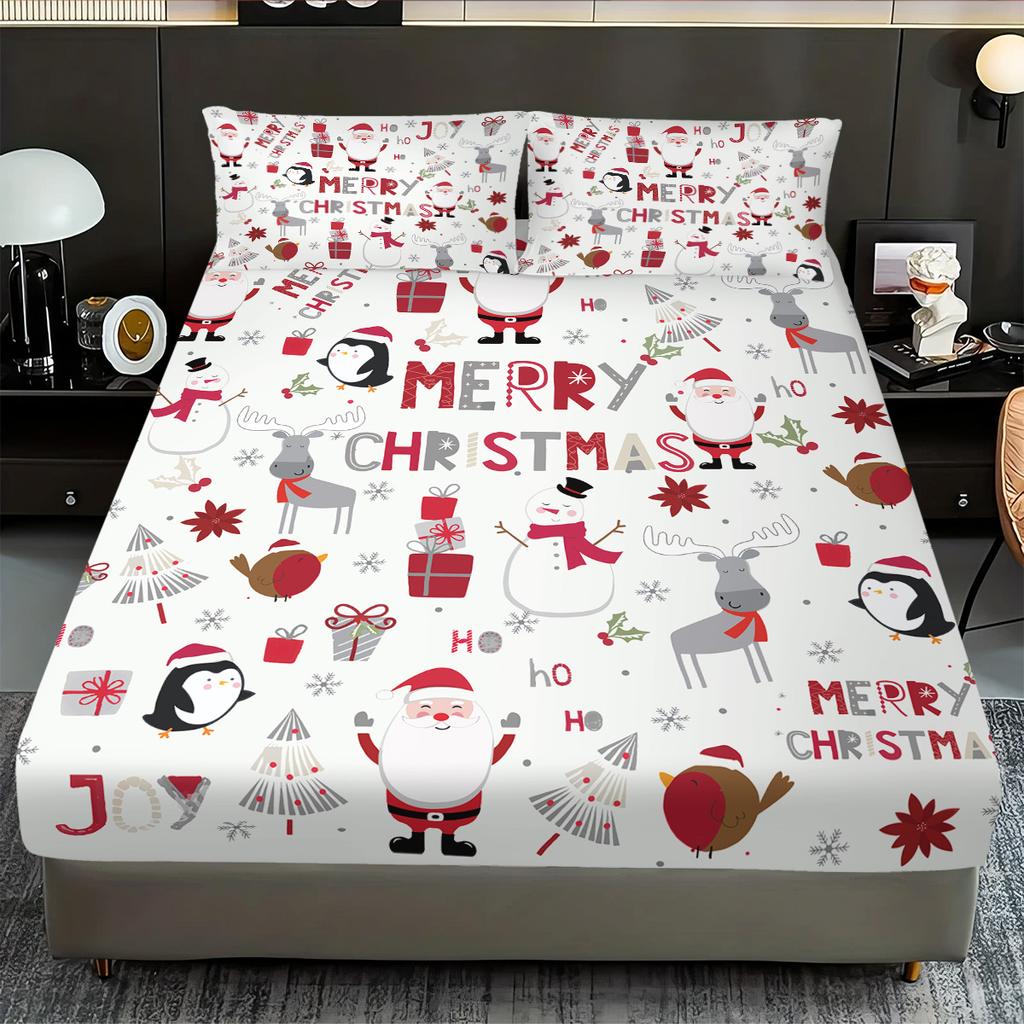 3Pcs Merry Christmas Cartoon Santa Claus Print Coreless Bed Sheet Set Multi Size Bed Cover Bedroom Dormitory Bedding Decoration