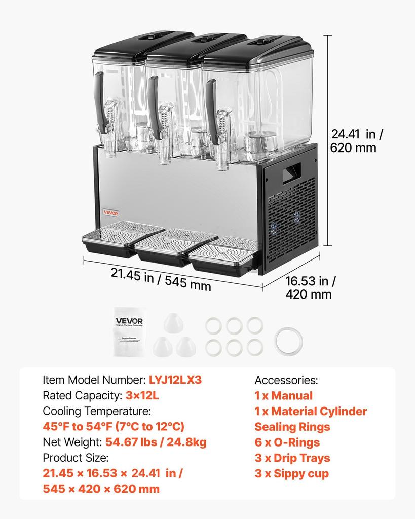 Commercial Beverage Dispenser 3 Tanks 12 L / 12.7 QT Per Tank, Stainless Steel Juice Dispenser, Ice Tea Drink Machine with 7 to 12 Cooling