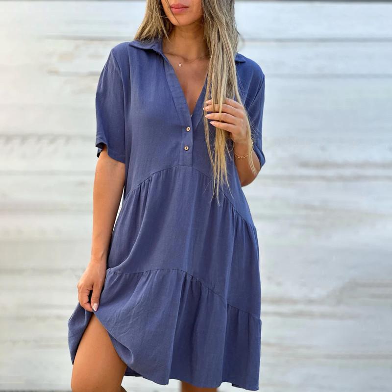 Women's Fashion Skirt Loose Solid Colour Lapel Casual Short Sleeve Cotton Linen Dresses