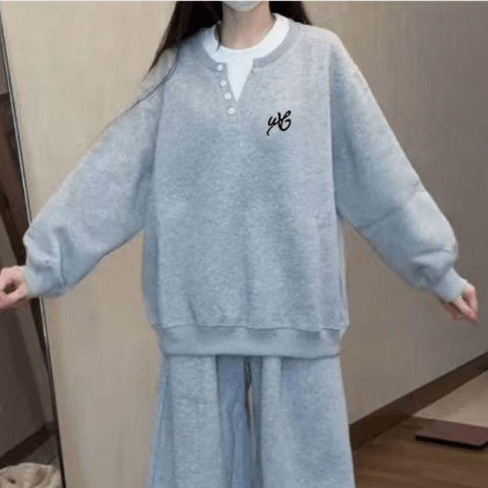 Korean Style Two-Piece Hoodie and Wide-Leg Pants Set for Women - Plus Velvet Thickened Fashion