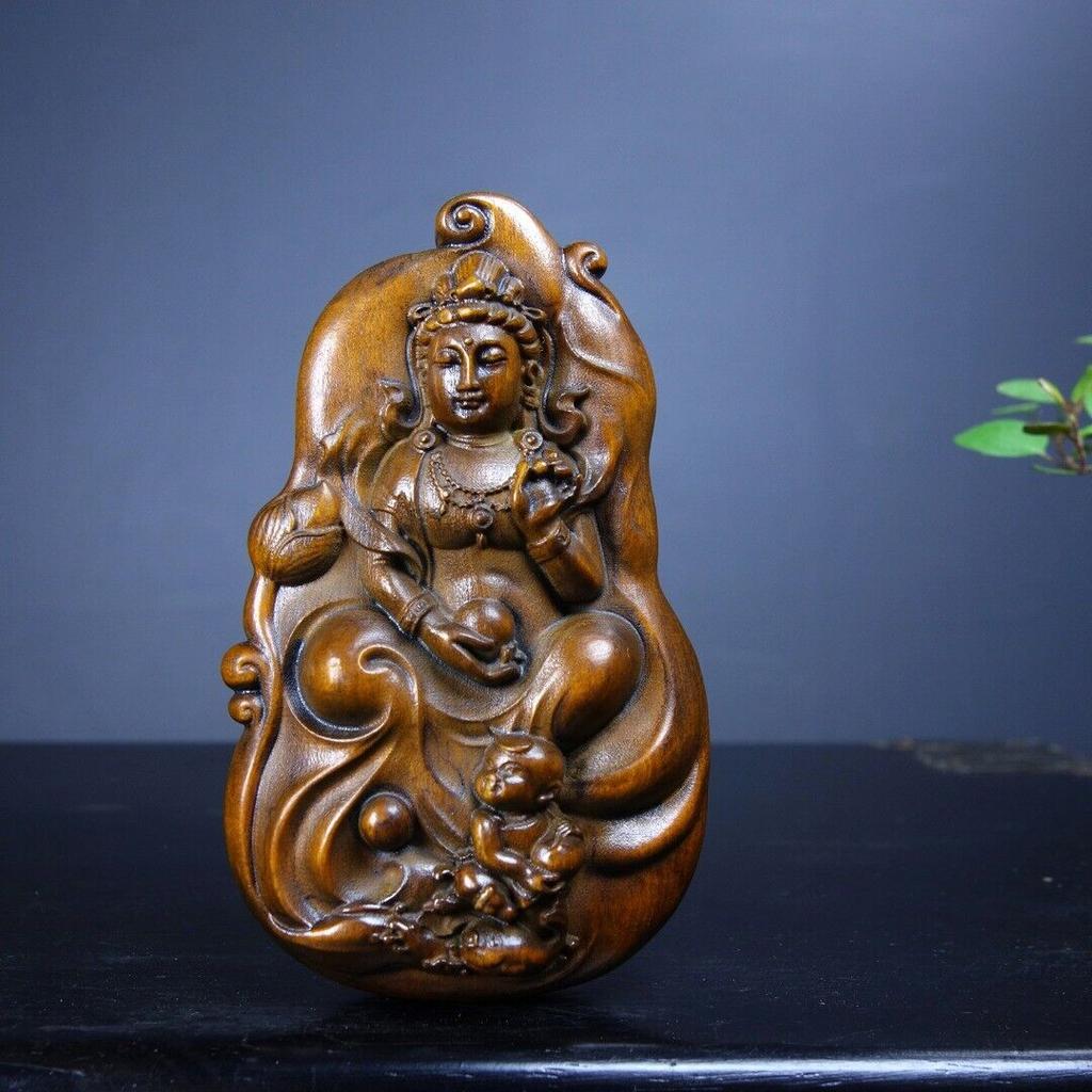 Chinesischer Buchsbaum Holz geschnitzt Exquisite beidseitige Kwan-Yin Statue Geschenk Kunst