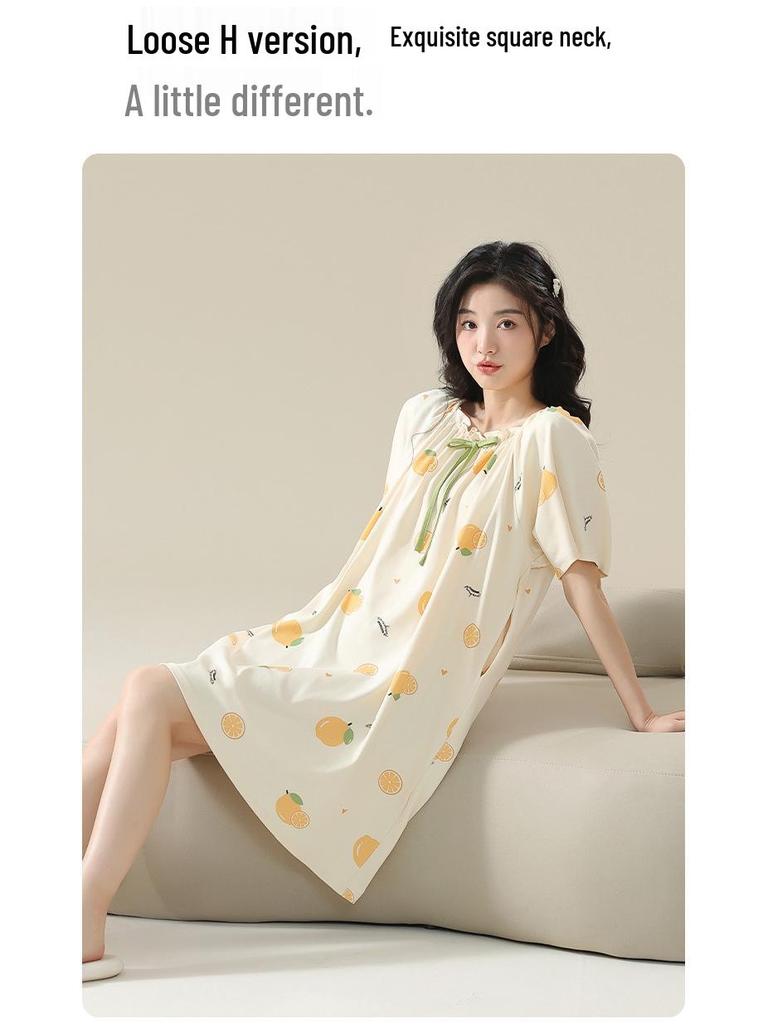 7A Women's Antibacterial Cotton Nightgown, Short Sleeve, Plus Size, Medium Length, Versatile for Outdoor Wear, Sweet Summer Home Dress