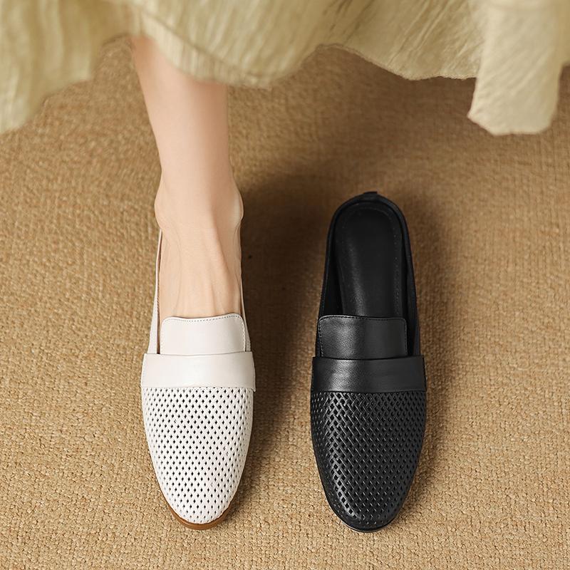 Fashion Women's New Summer Genuine Leather Sheepskin Breathable Hole Round Head, Mid Heel, Large Toe, M Ü Ller Slippers