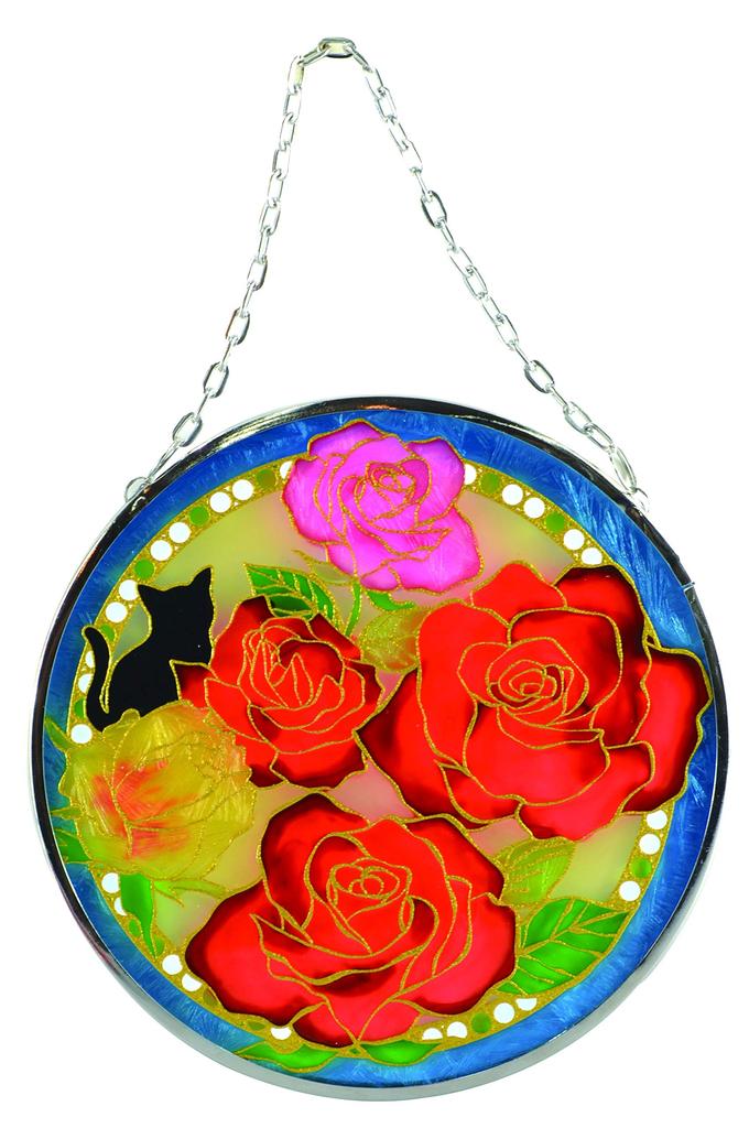 Fourcart Cute Handmade Glass Stained Frame with Black Cat Welcome 115mm Diameter Design,