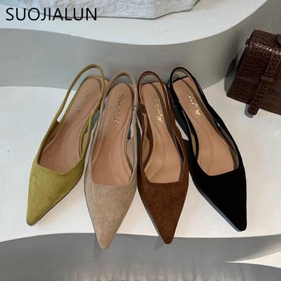 Fashion SUOJIALUN 2024 Autumn Women Sandal Shoes Fashion Pointed Toe Shallow Slip On Slingback Sandal Thin Med Heel Ladies Elegant Pumps