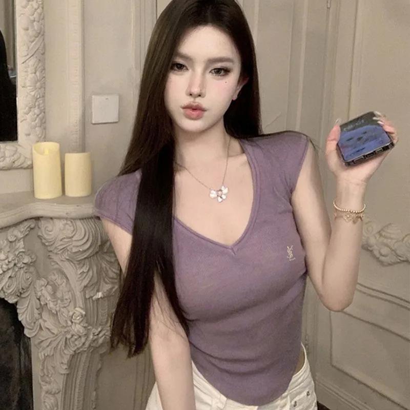 

Шикарный укороченный топ с нерегулярным V-образным вырезом – лестный летний топ с короткими рукавами для женщин One Size [Premium Version] фиолетовый