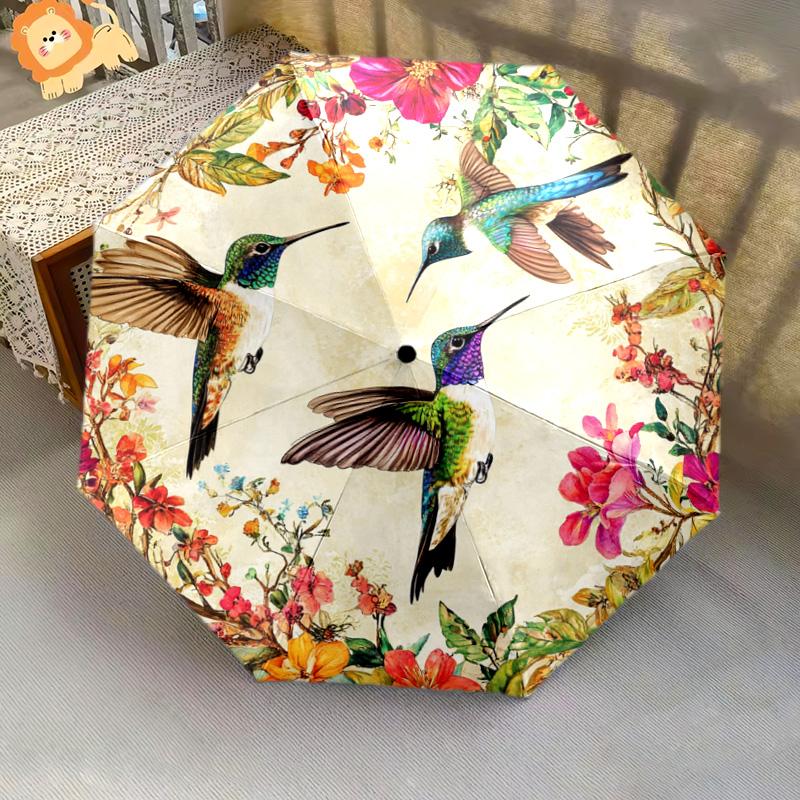 1 PC Automatic Folding Umbrella - Hummingbirds Floral Pattern, Portable & Foldable Design with 8 Ribs, Christmas Birthday Gifts