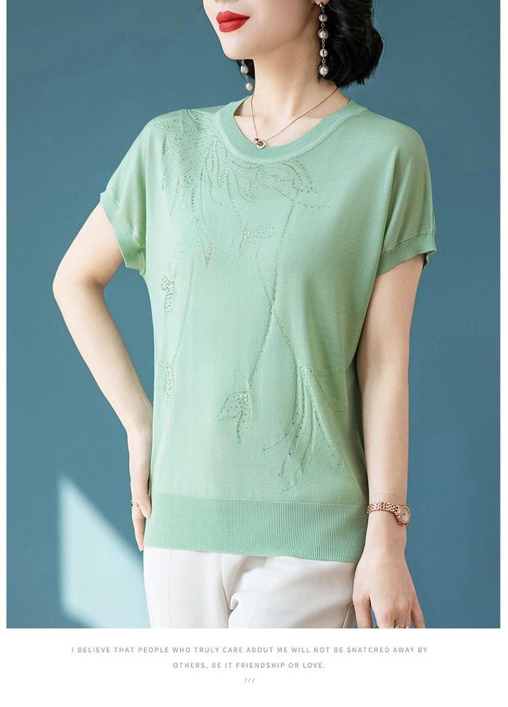 Damen Eisseide Strick-T-Shirt, Kurzarm, Sommerstil für Alter 40-50