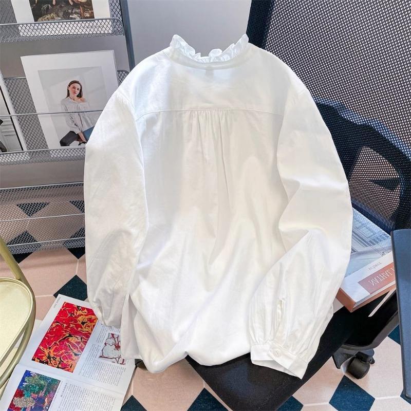 Solid Color Embroidered Women's Shirt Fungus Edge Stand Collar Long Sleeved Shirts French Spring Autumn Period Woman Top