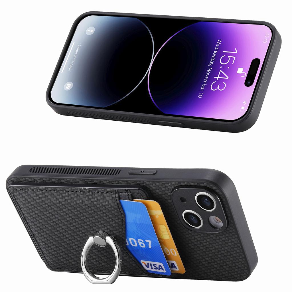 Cellphone Cover for iPhone 15,Card Holder Carbon Fiber Texture PU Leather+PC+TPU Phone Case with Ring Kickstand
