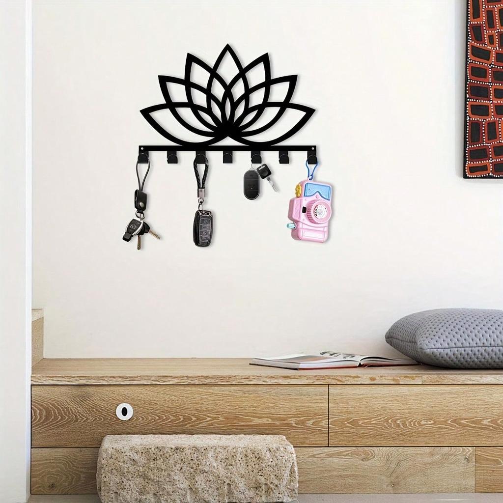 Lotus Key Holder 11.81 Inch Black Metal Wall Mount Decor for Home Office Outdoor Gift