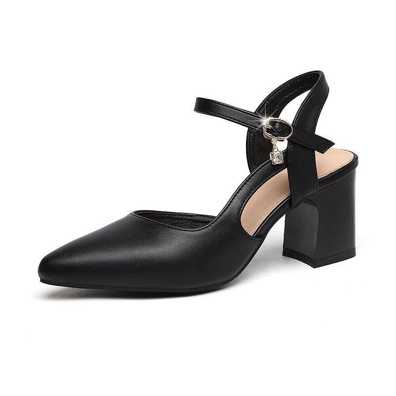 fashion Women Pumps Black Pu Leather Spring Office Square Heel Shoes Lady Fashion 6cm High Heels Solid Casual Back Strap Ladies Sandales