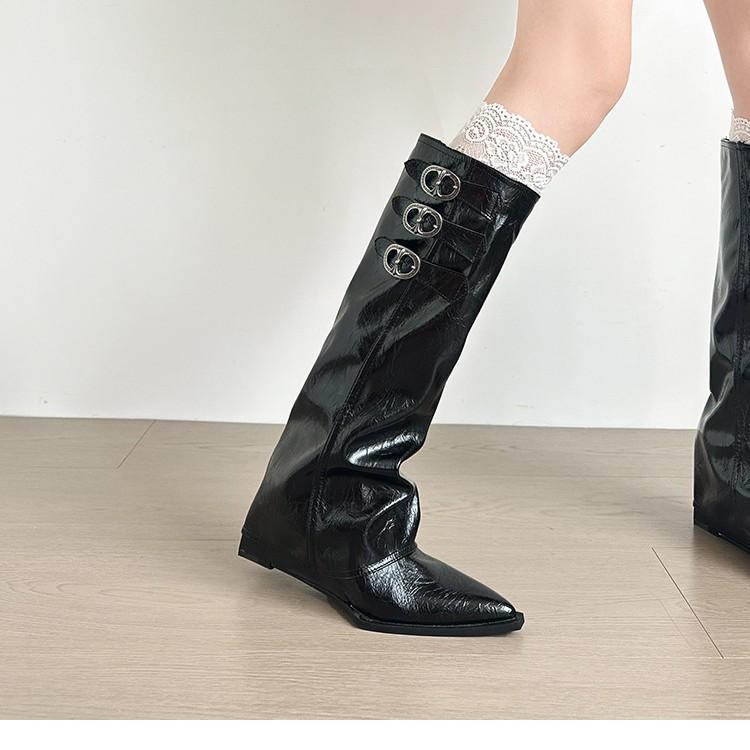 [Factory Spot] Pointed Inner Heightening Pants Boots Women's Belt Buckle White But Knee Boots Wedge Heel Knight