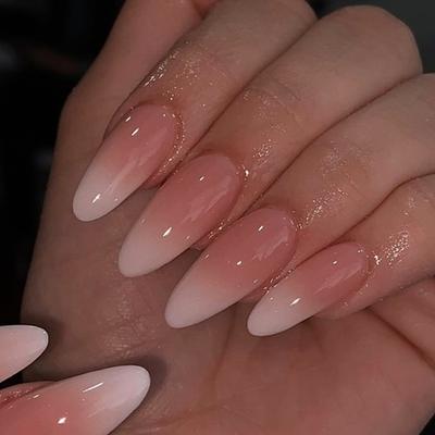 Gradient Press On Nail Almond Fake Nail Glues On Nail French Tips False Nail, 24Pcs Natural Artificial Acrylic Nail
