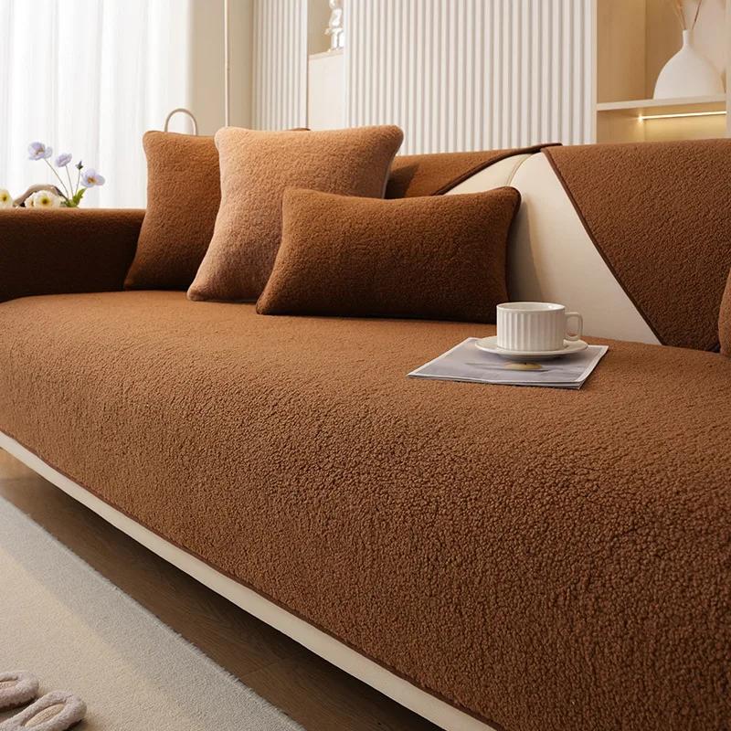 Modern Solid Color Winter Lamb Velvet Sofa Cover Thicken Plush Soft and Smooth Sofa Covers for Living Room Anti-slip Couch Cover