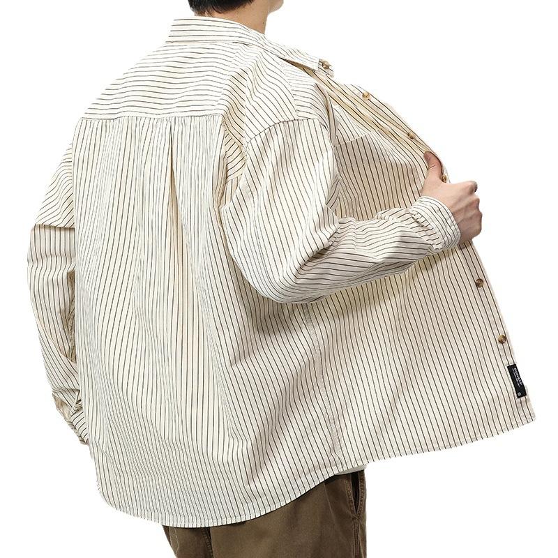 Men's Oversized Vertical Striped Long Sleeve Shirt - Casual Turn Down Collar Button Down with Chest Pockets