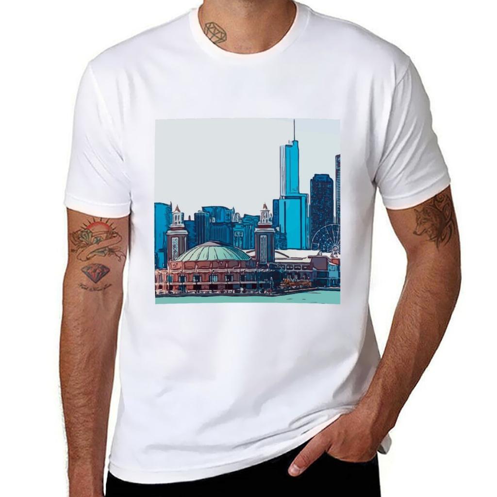Navy Pier Chicago Illinois Re-colered Noir T-shirt Man T Shirt Cotton T Shirts For Man Graphic Vintage Man Tshirt T-shirt