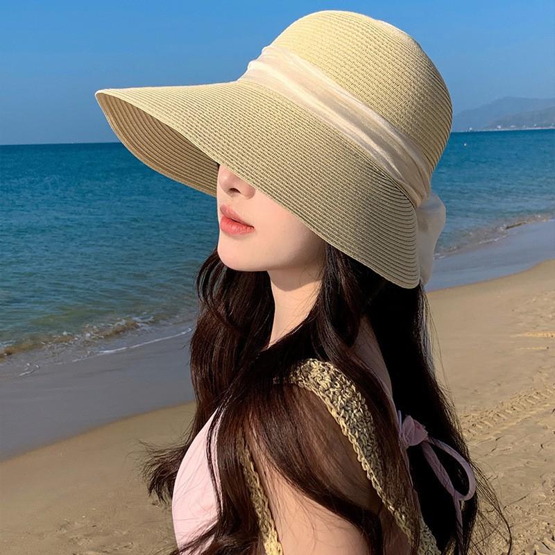 Womens Wide Brim Lace-Up Straw Hat Beach Travel Sun Protection Floppy