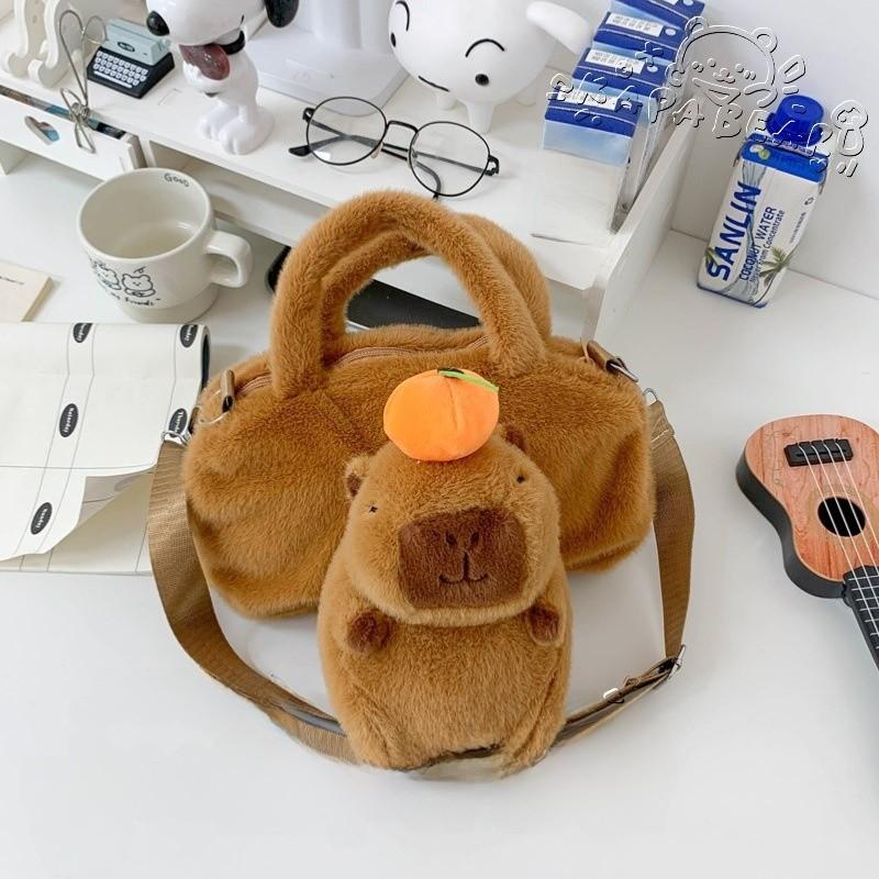 Plush Handbag Capybara With Orange Pendant Design Ugly And Cute Phone Bag