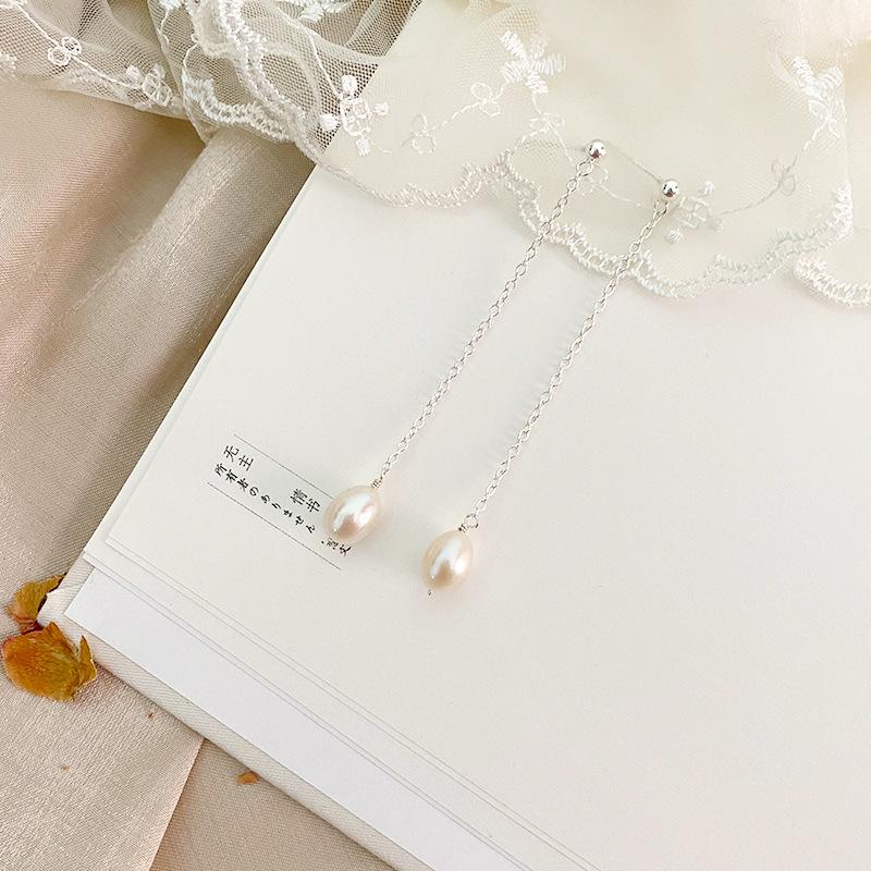 Natural freshwater pearl earrings, long tassel showing face, thin ear hooks, light luxury, simple and high-end earrings.