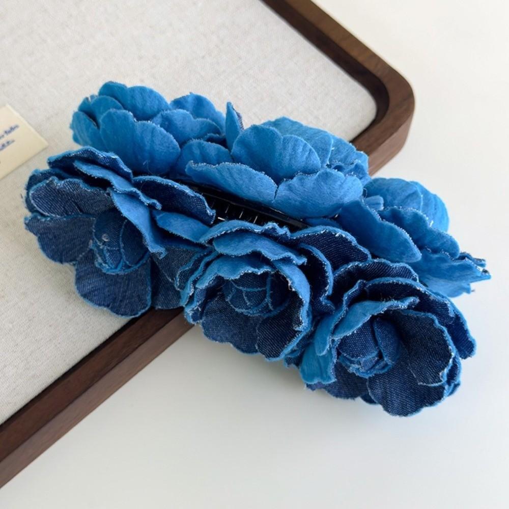 Denim Blue Flower Banana Clips Camellia Floral Twisted Hair Clip Women Vertical Clip  Spring
