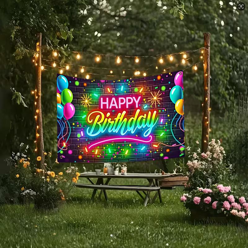 2D Glow Neon Happy Birthday Backdrop Photography Background for Kids Party