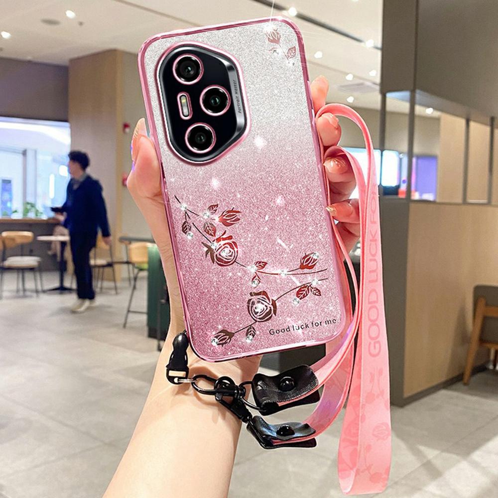 KADEM For Honor 400 Pro 5G (Global) Case Flower Pattern TPU Gradient Phone Cover with Lanyards