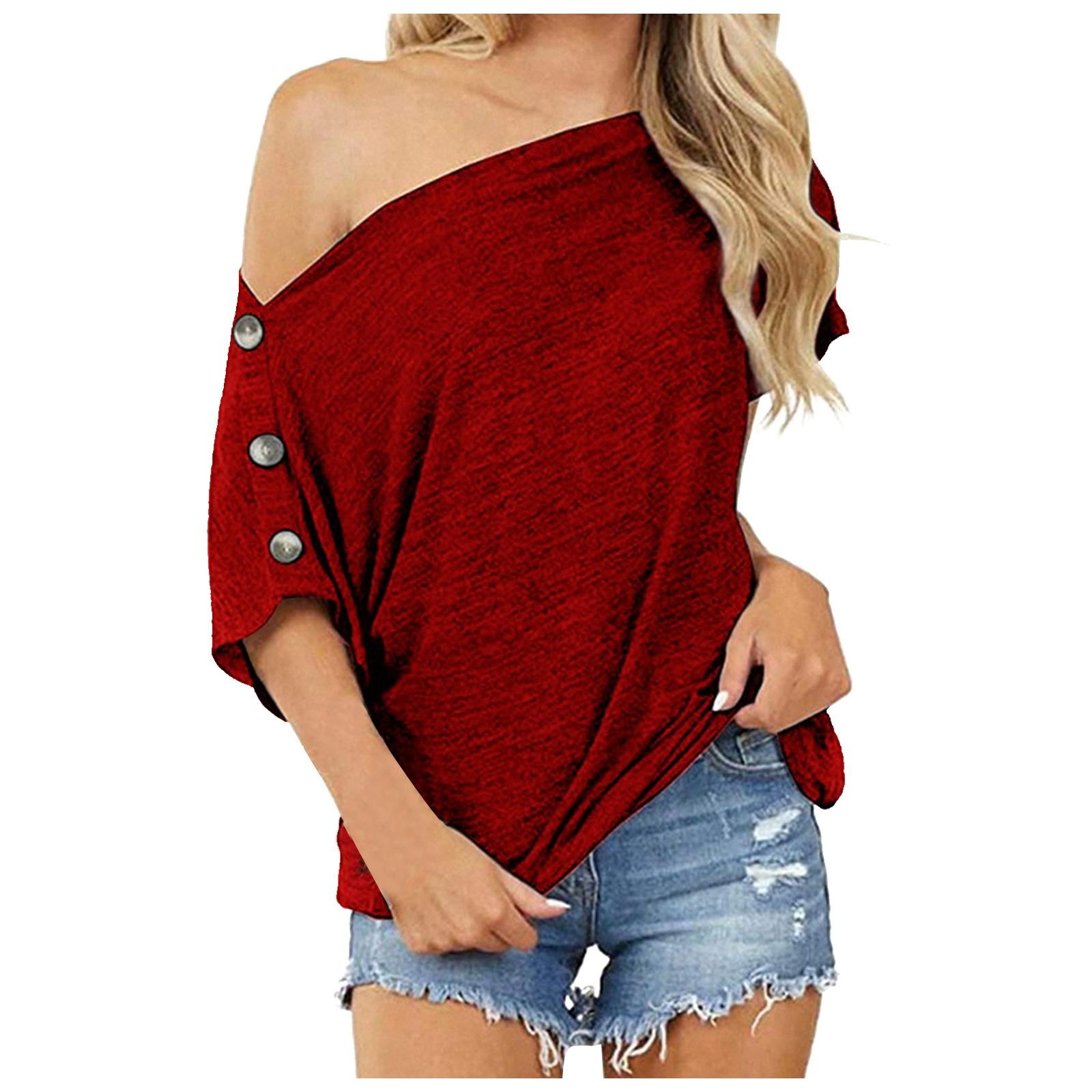 

Fashion Womens Solid Color Off The Shoulder Button Short Sleeve Tops Blouses L винний
