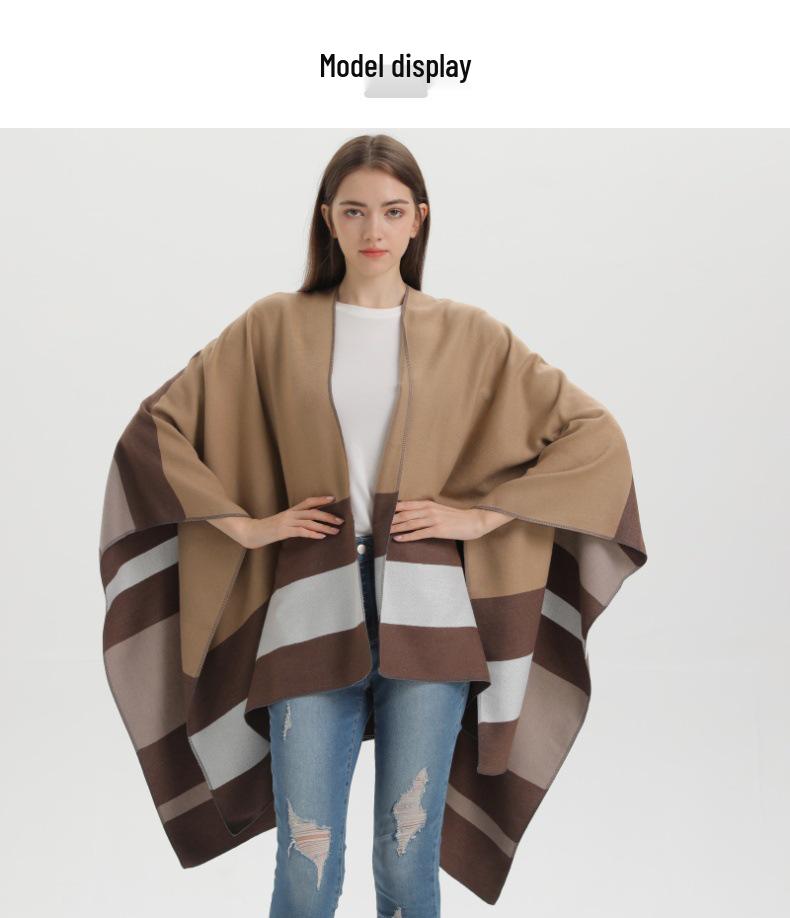 Stylish Striped Double-Sided Scarf Shawl: European & American Fashion Cape Women's Warm Outerwear Cardigan