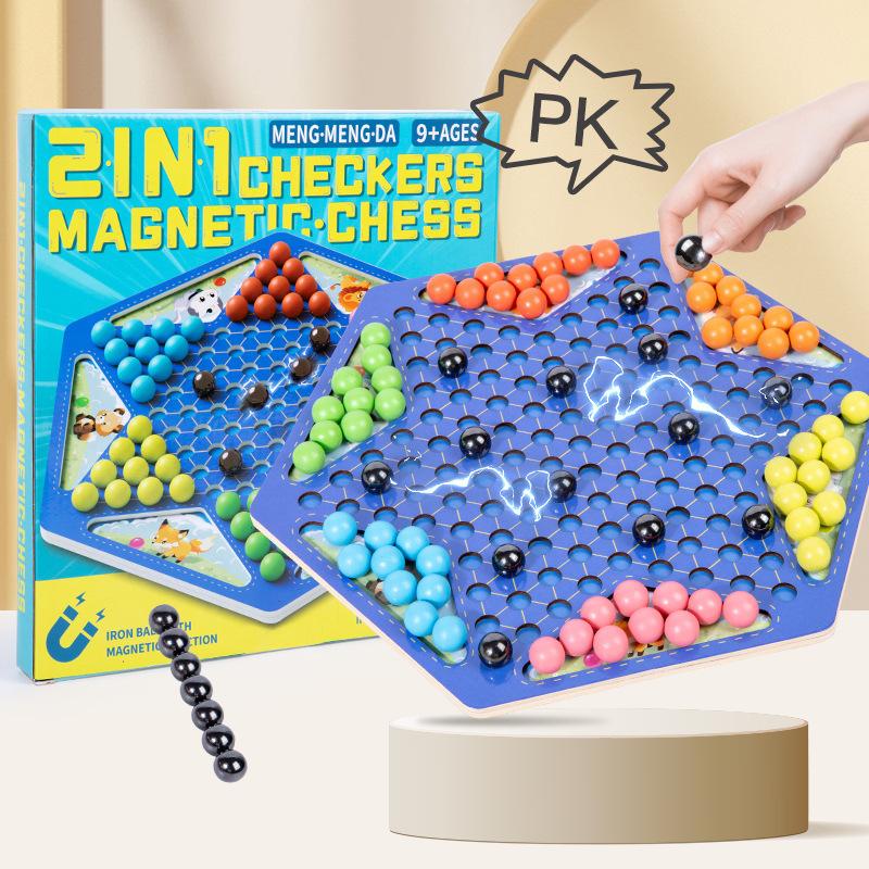 Wooden Children's Fun 2in1 Magnetic Step Thunder Checkers Puzzle Tabletop Multiplayer Interactive Versus Game Chess Toys
