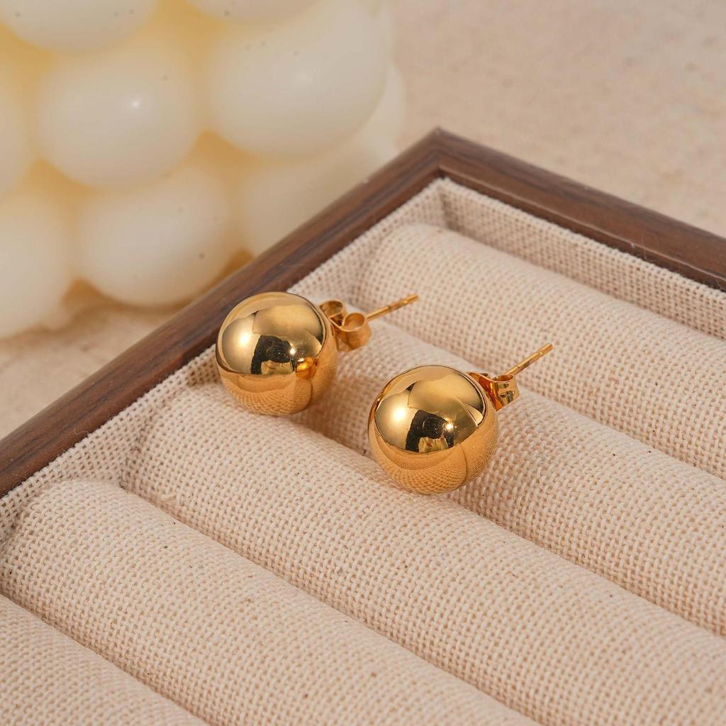 18K Gold Plated Titanium Steel Round Bead Stud Earrings for Girls