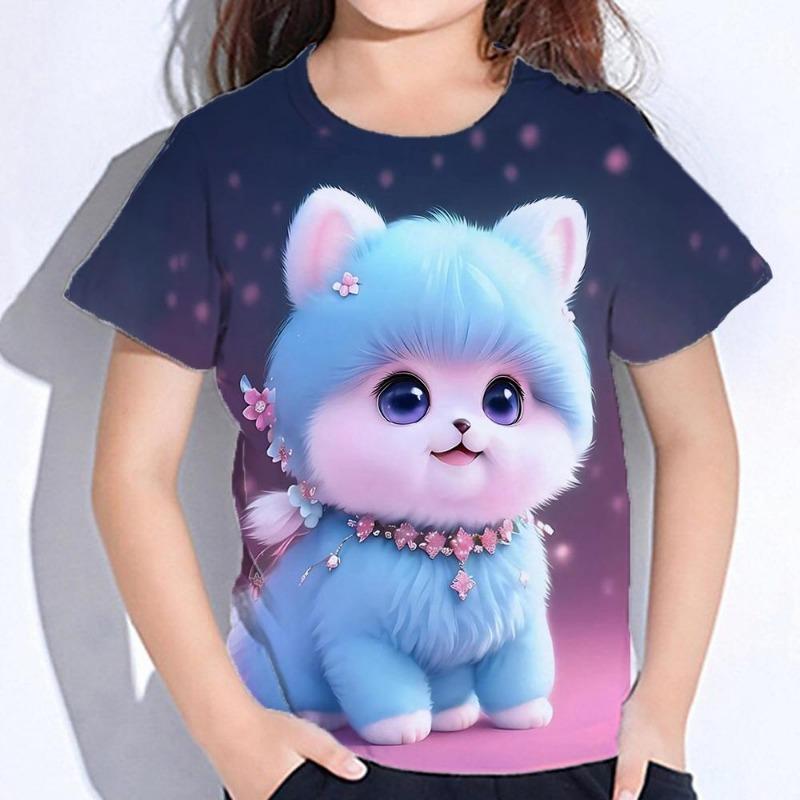 Djur Tecknad Katt Barn Vuxen Tryckt T-shirt Sommar Dam- och Herr Casual Utomhus Flicka och Pojke Kortärmad T-shirts Topp Kläder