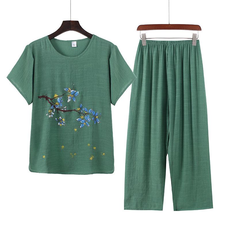 Women's Summer Cotton Linen Short-Sleeved Two-Piece Set: Grandma Mom Pajama Top and Pants.