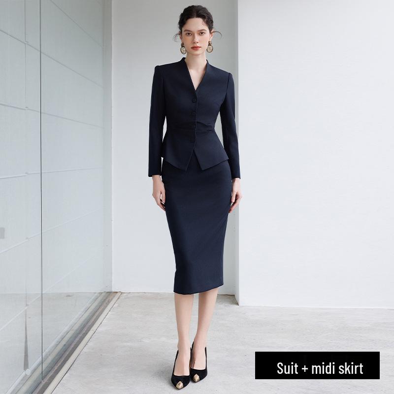 

2025 High-End Women s Navy Blue V-Neck Suit Skirt Set - Formal, Slim-Fit, Professional Wear M