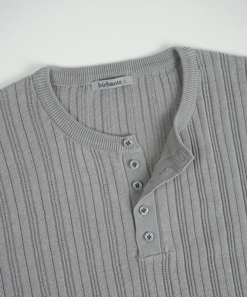 BIRBANTE Summer Washable Ribbed Henley Neck Knit - Light Gray